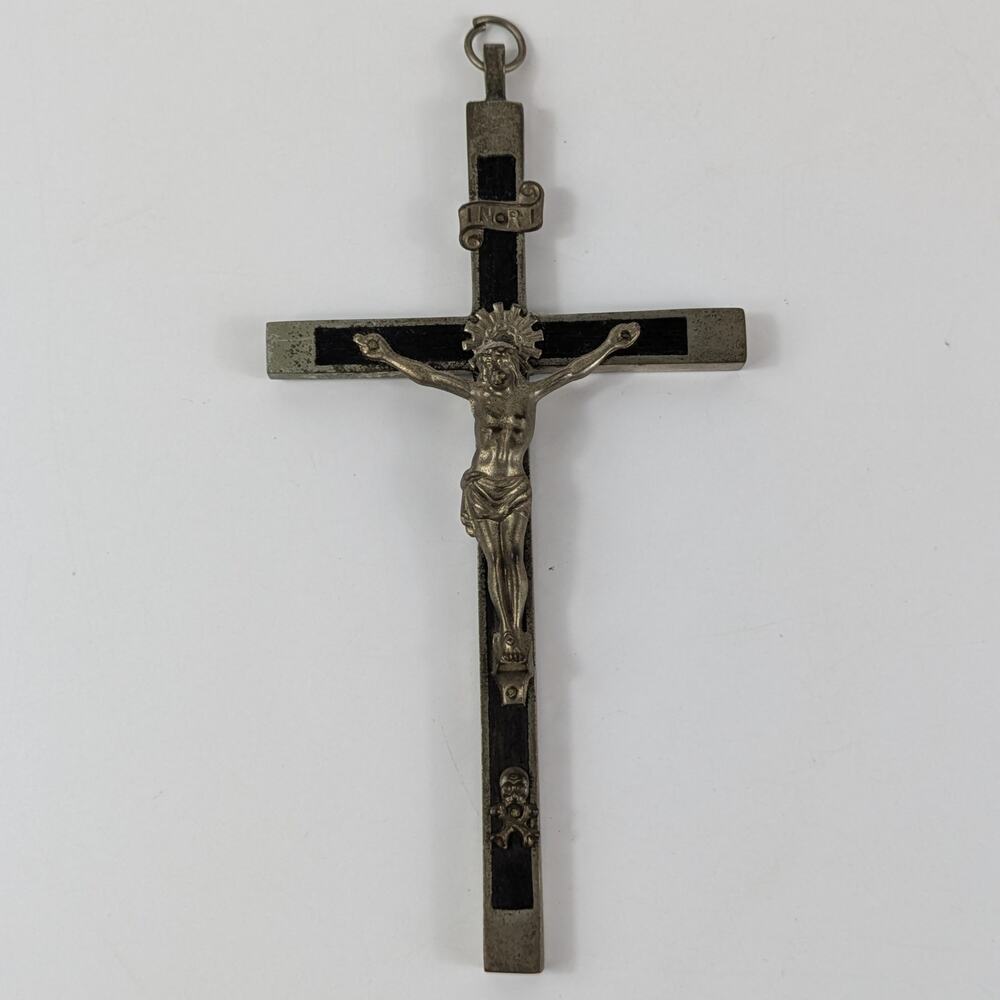 Antique Large Golgotha Crucifix Cross 6.5" Metal Ebony Wood German Skull Bones